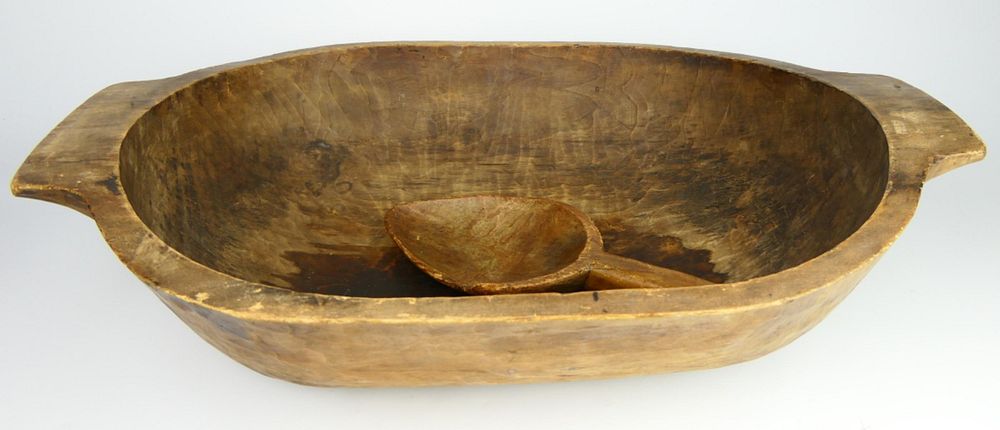 Appraisal: ANTIQUE FRENCH LARGE DOUGH BOWL WITH SPOON This wooden treasure