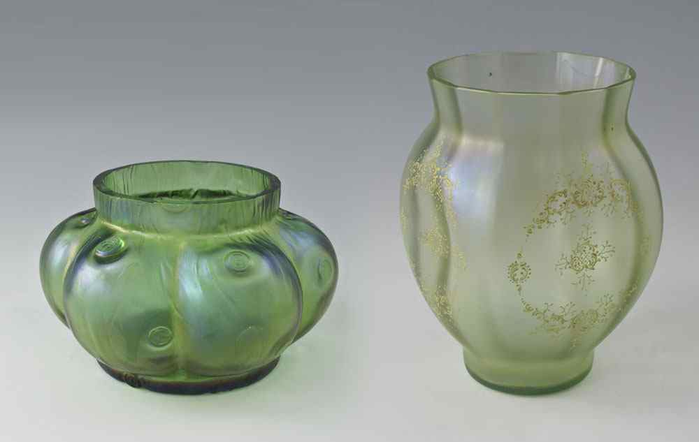 Appraisal: BOHEMIAN GLASS VASES Loetz attributed melon ribbed ferner in a