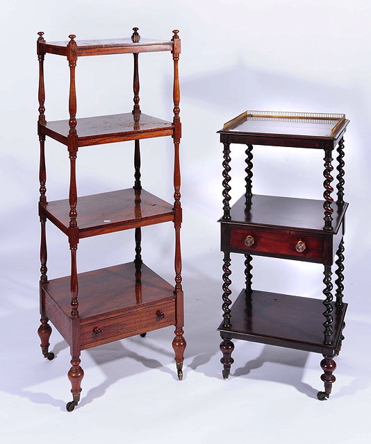 Appraisal: A WILLIAM IV ROSEWOOD THREE TIER WHATNOT with galleried top