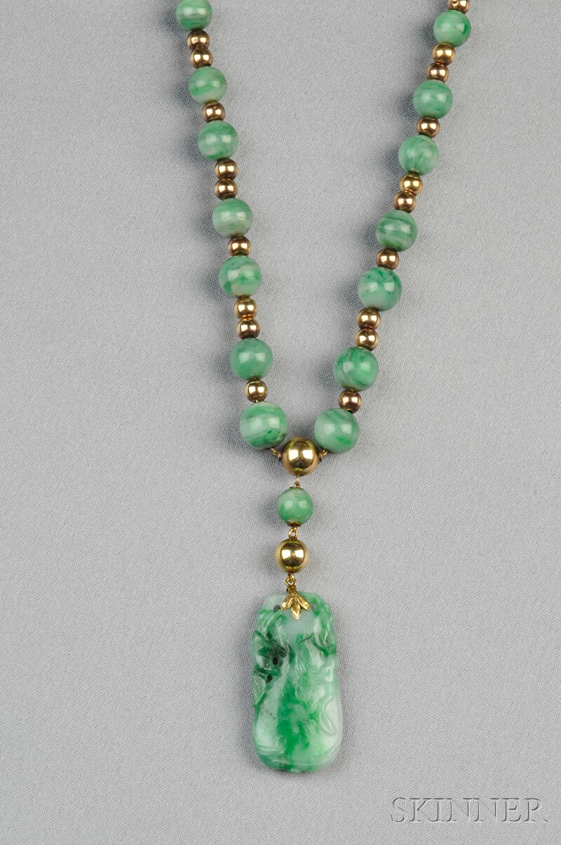 Appraisal: Jade Bead Pendant composed of green hardstone beads spaced by