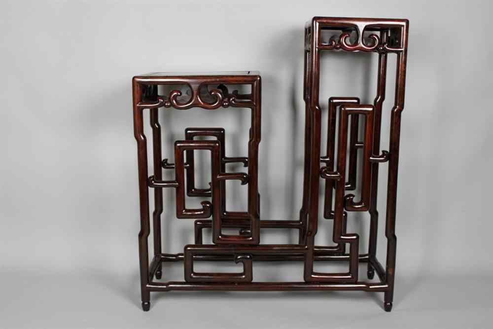 Appraisal: CHINESE HARDWOOD DOUBLE STAND Of unusual form with two standis