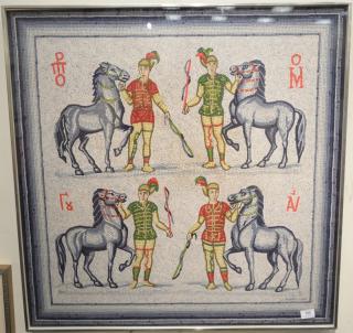 Appraisal: Framed Hermes silk mosaic scarf with horses and horsemen x