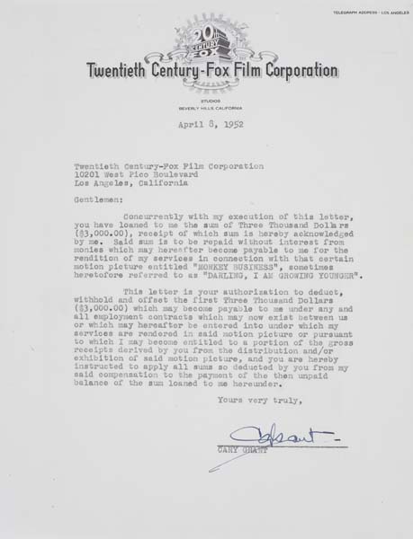 Appraisal: CARY GRANT Typed letter signed by Grant agreeing to the