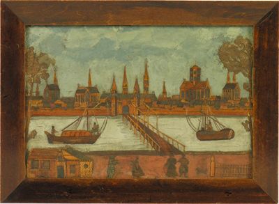 Appraisal: A th century straw-work picture river scene with figures in