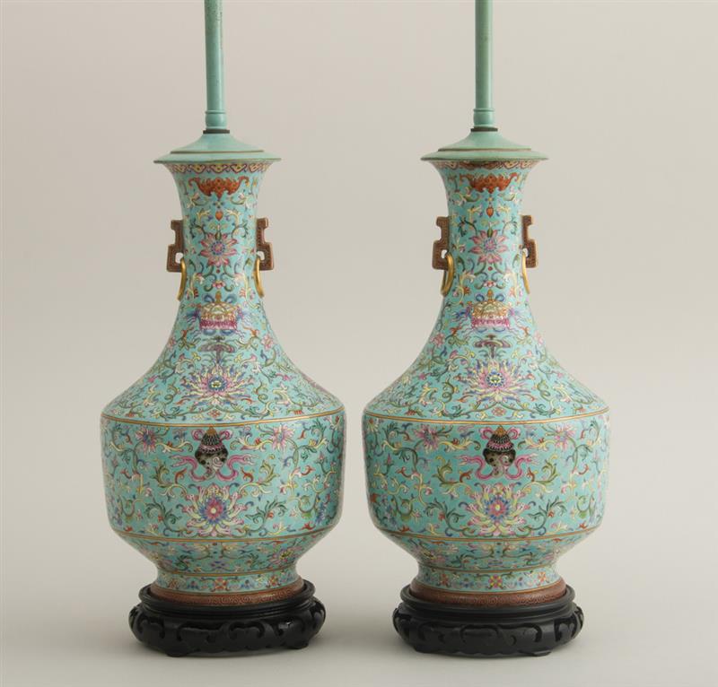 Appraisal: PAIR OF CHINESE TURQUOISE-GROUND PORCELAIN VASES MOUNTED AS LAMPS With