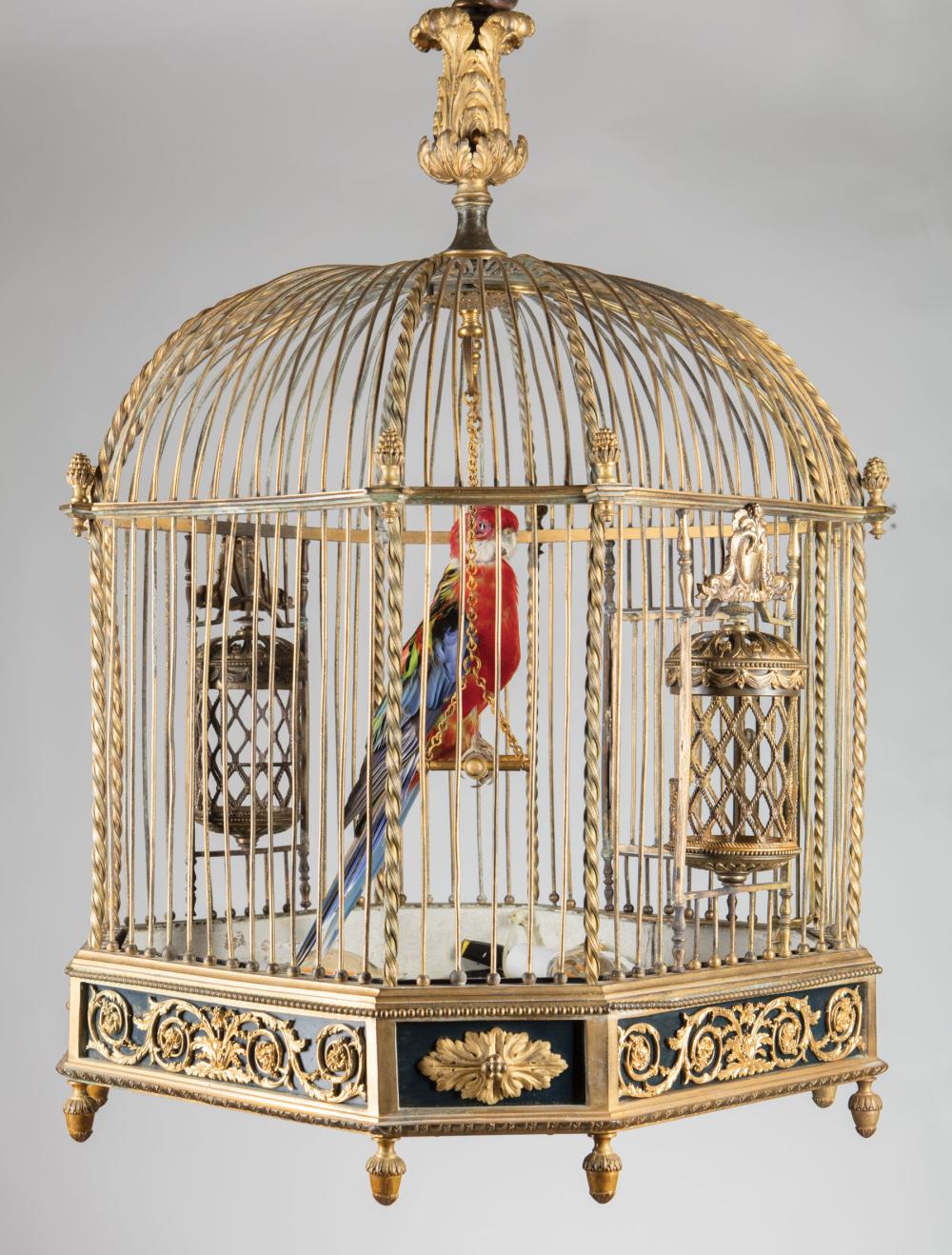 Appraisal: Antique Louis XVI-Style Gilt and Enameled Bronze Automaton Birdcage Clock