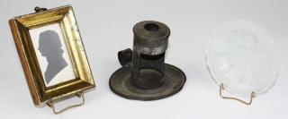 Appraisal: early th c tin chamber candlestick silhouette Boston Sandwich clambroth