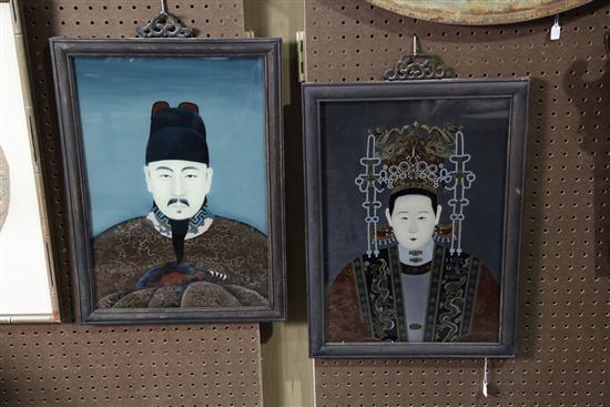 Appraisal: TWO CHINESE REVERSE PAINTINGS ON GLASS - ANCESTORS In matching