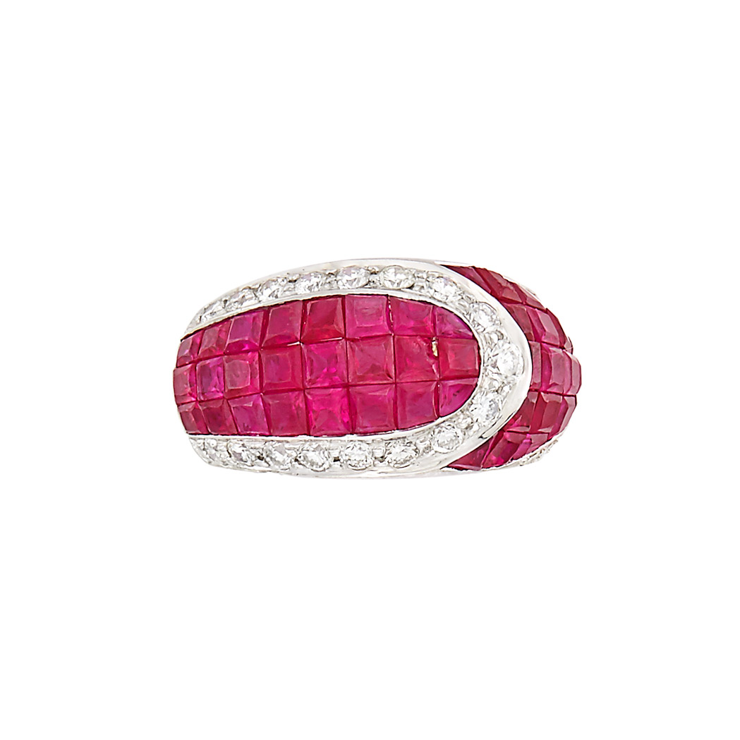 Appraisal: White Gold Invisibly-Set Ruby and Diamond Ring kt square rectangular