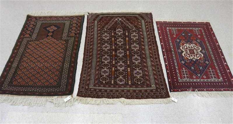 Appraisal: THREE HAND KNOTTED AFGHAN TRIBAL AREA RUGS including two prayer