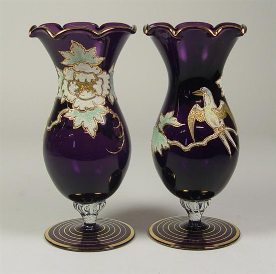 Appraisal: Pair of Purple Venetian Pedestal Footed Vases With Coralene florals