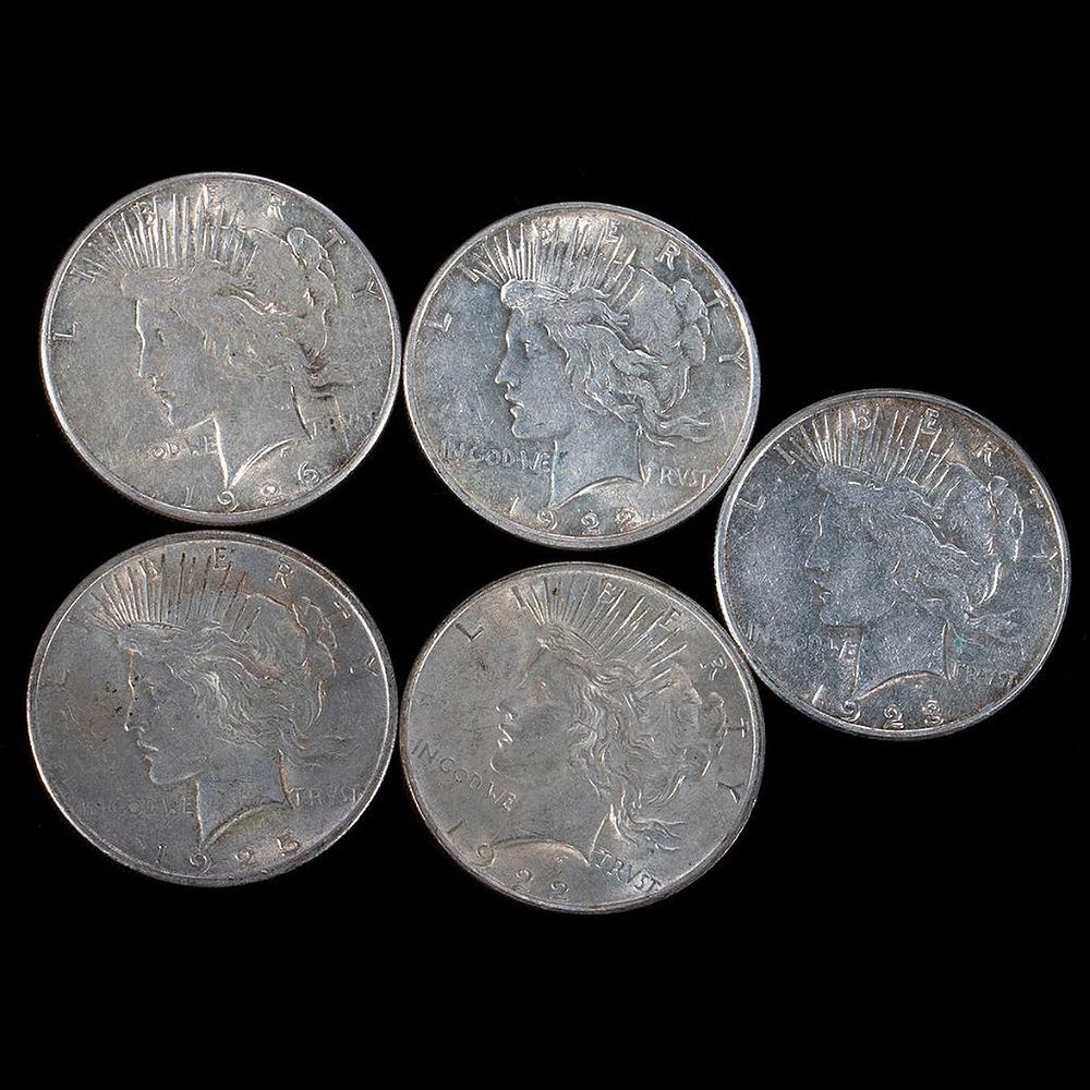 Appraisal: Five Peace Silver Dollar Coins Five Peace Silver Dollar Coins