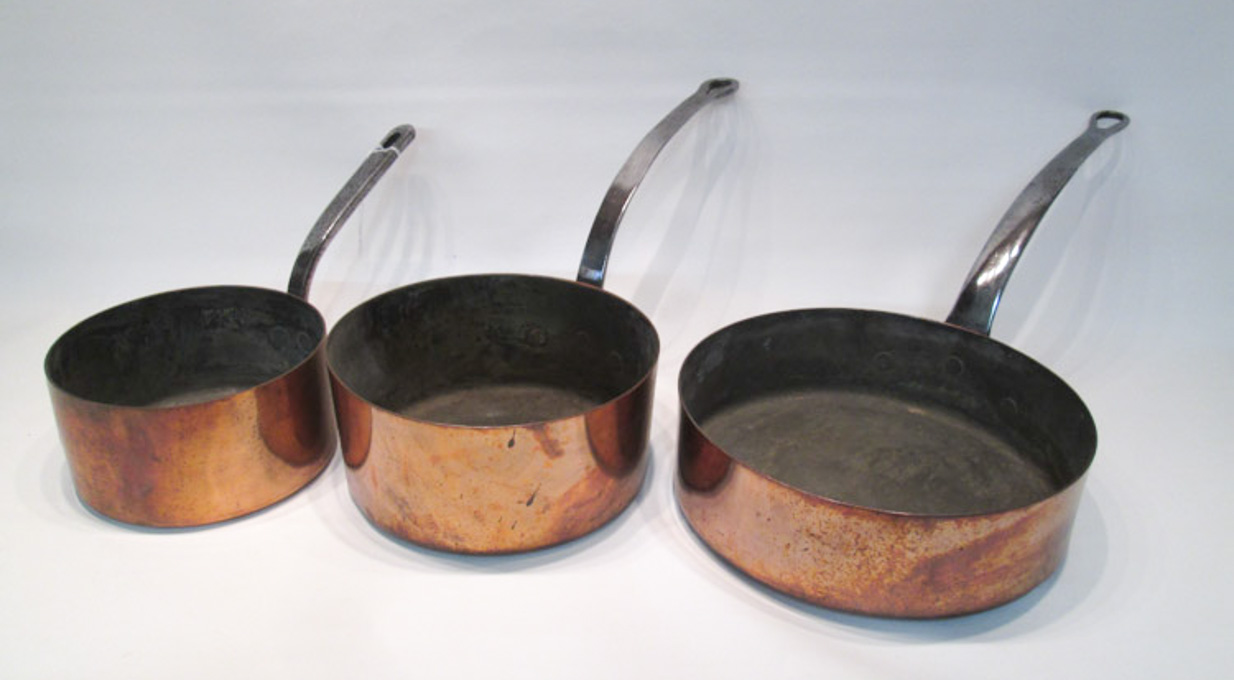 Appraisal: THREE GRADUATED COPPER POTS WITH HANDLES openings range from to