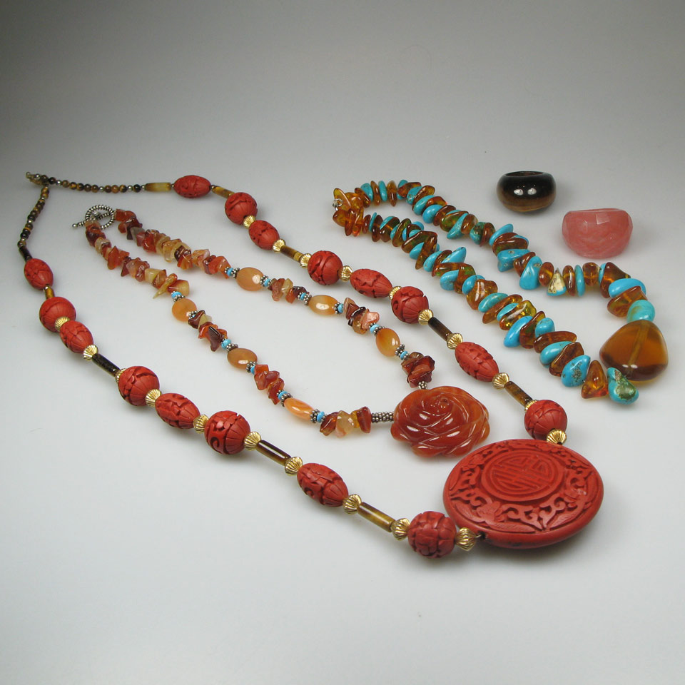 Appraisal: Single Strand Amber And Turquoise Bead Necklace carved cinnabar necklace