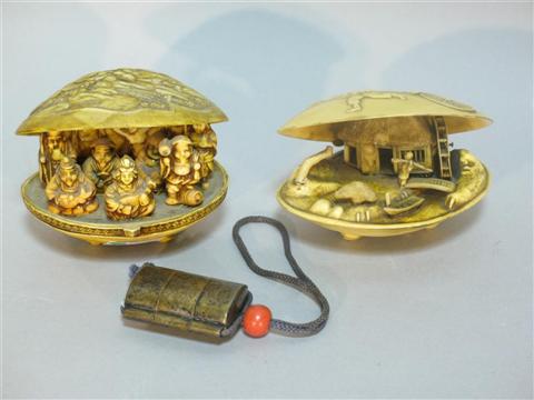 Appraisal: THREE JAPANESE WORKS OF ART Including a miniature gilt metal