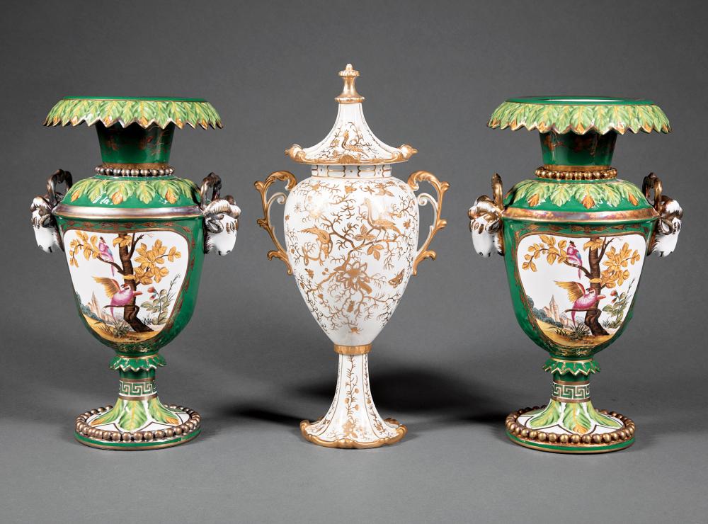 Appraisal: Pair of Neoclassical-Style Porcelain Urns th c Chelsea House ram's