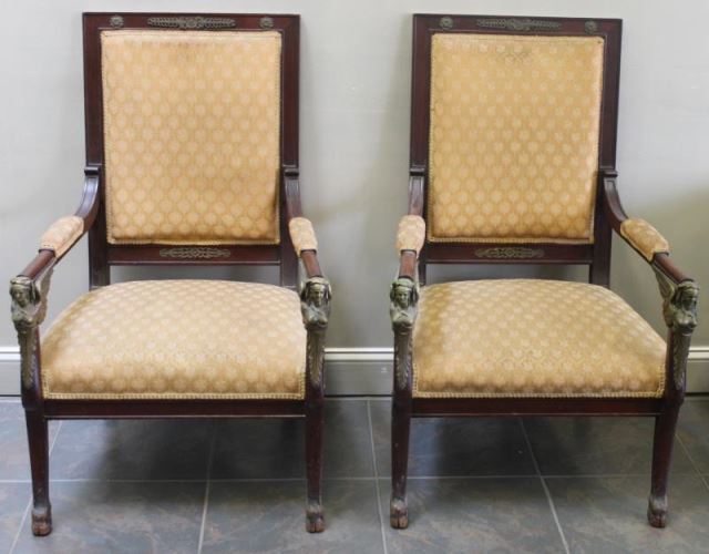 Appraisal: Pair of French Bronze Mounted Egyptian RevivalArmchairs With hoof feet