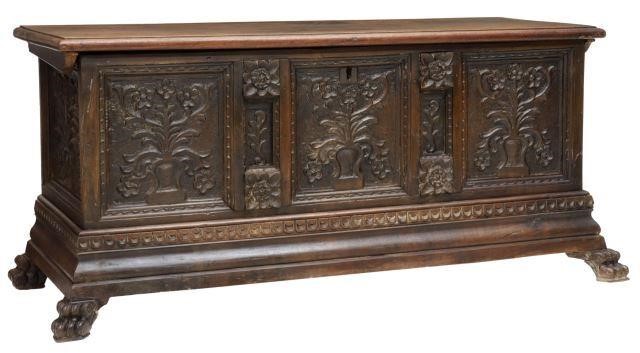 Appraisal: French walnut coffer storage trunk th th c two-board top