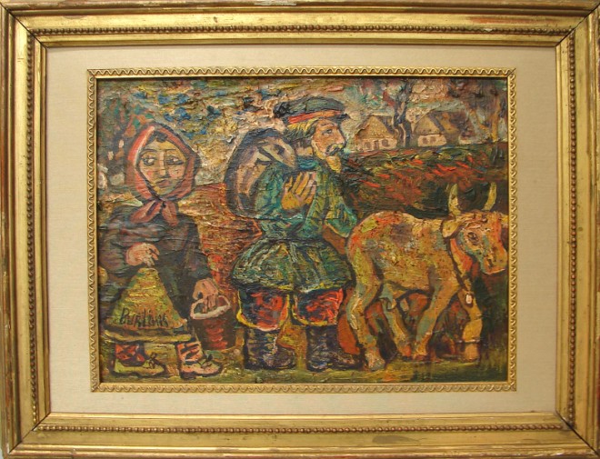 Appraisal: David Burliuk Peasants and donkey oil on board x sight