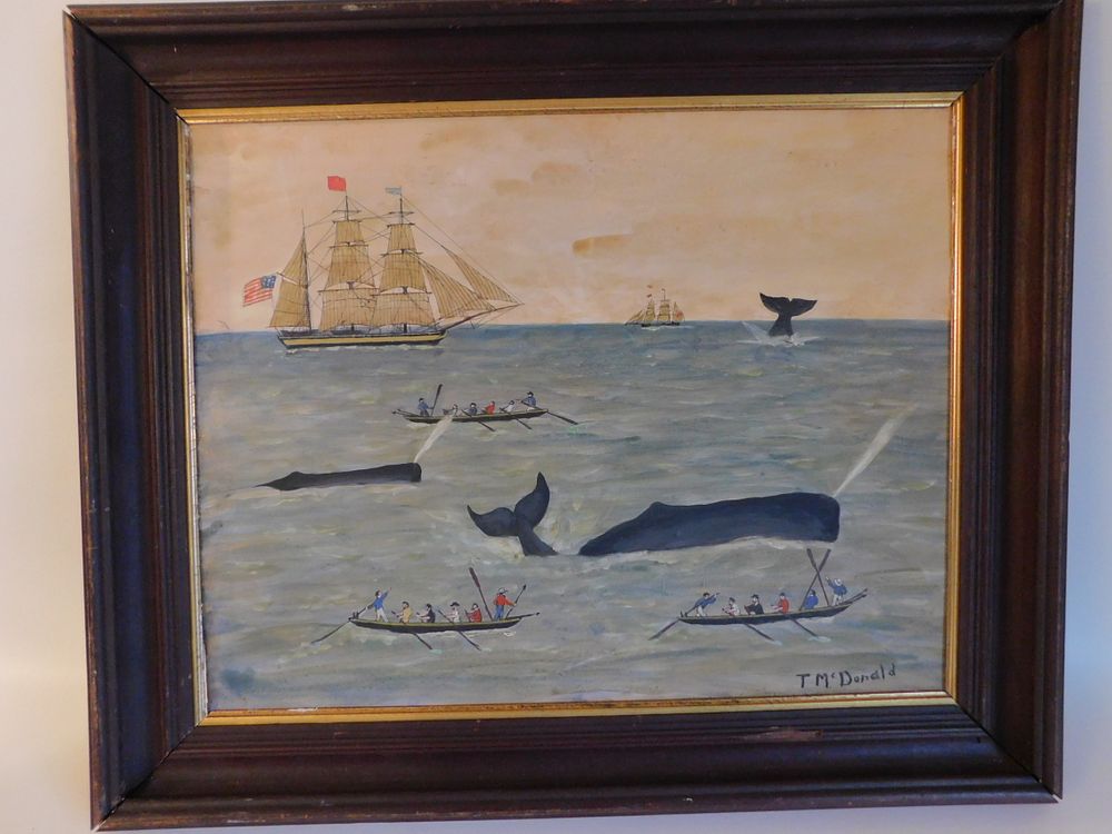 Appraisal: MCDONALD PRIMITIVE WHALING PAINTING Vintage oil painting on board of