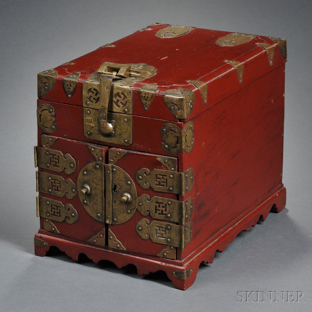 Appraisal: Red Lacquered Wood Cosmetic Chest Korea with two doors to