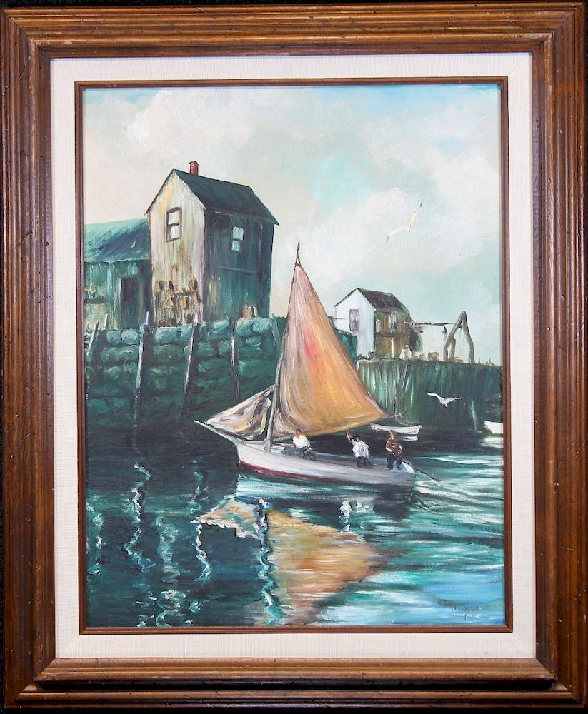 Appraisal: Margo Signed American School Harbor Scene Margo Signed American School