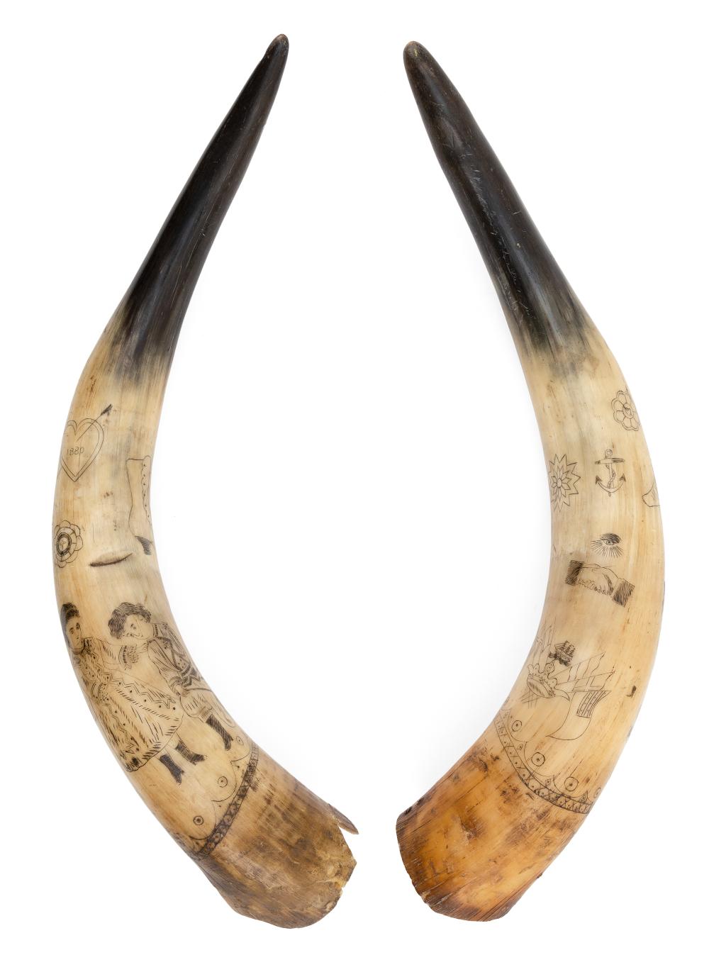 Appraisal: PAIR OF ENGRAVED STEER HORNS DATED LENGTHS APPROX PAIR OF