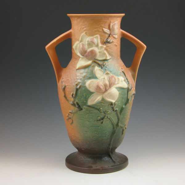 Appraisal: Roseville Magnolia handled vase in brown Marked Roseville USA -