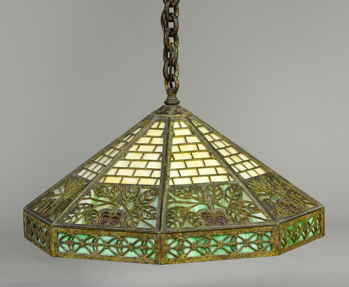 Appraisal: Bradley Hubbard Patinaed Bronze Paneled Glass Hanging Lamp w Cherries