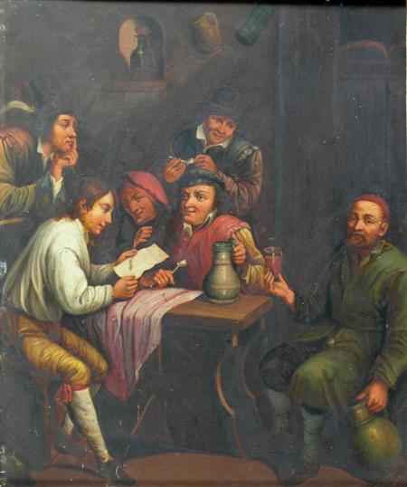 Appraisal: DUTCH SCHOOL TAVERN SCENE Oil on metal cm x cm