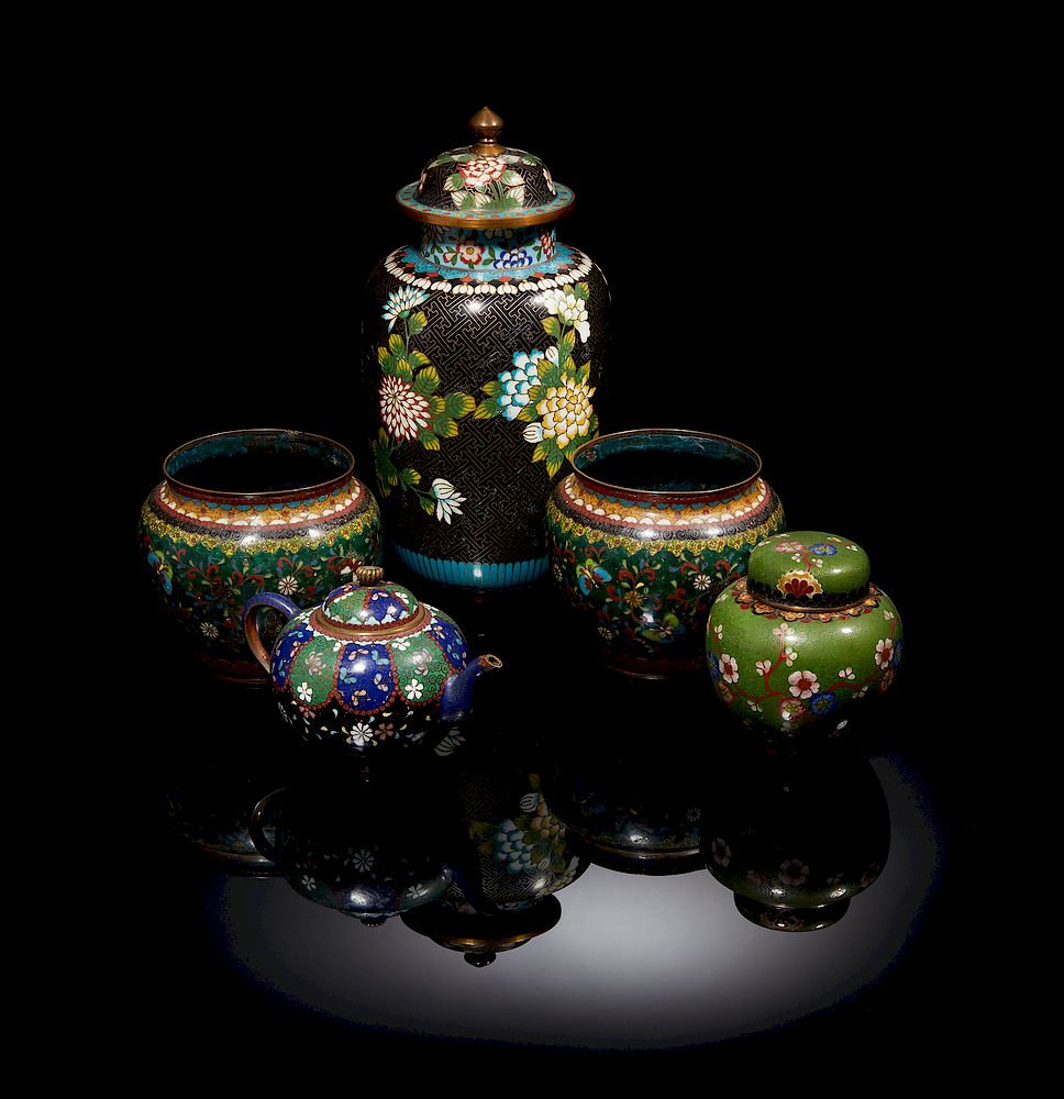 Appraisal: Five Chinese Cloissone Vessels Five Chinese cloisonn vessels comprising two