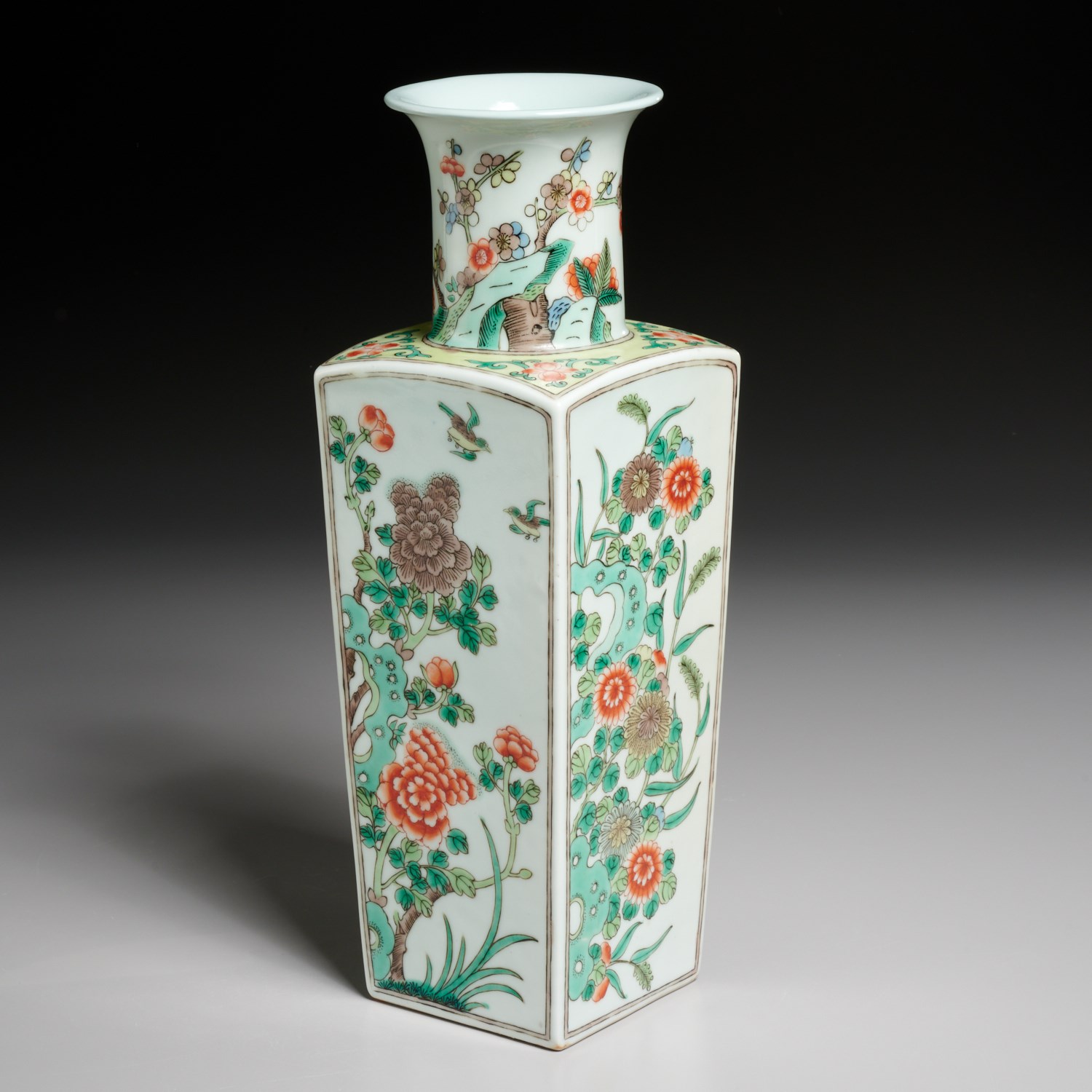 Appraisal: CHINESE FAMILLE VERT SQUARED PORCELAIN VASE Qing Dynasty th c