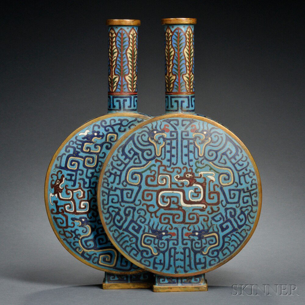 Appraisal: Cloisonne Twin Moonflask Vase China decorated with chilong and archaic-scrolls