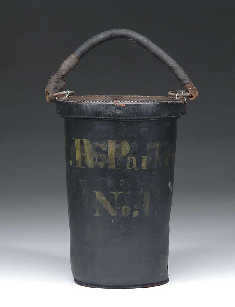 Appraisal: PAINTED LEATHER FIRE BUCKET C R PARKER NO Greenish black