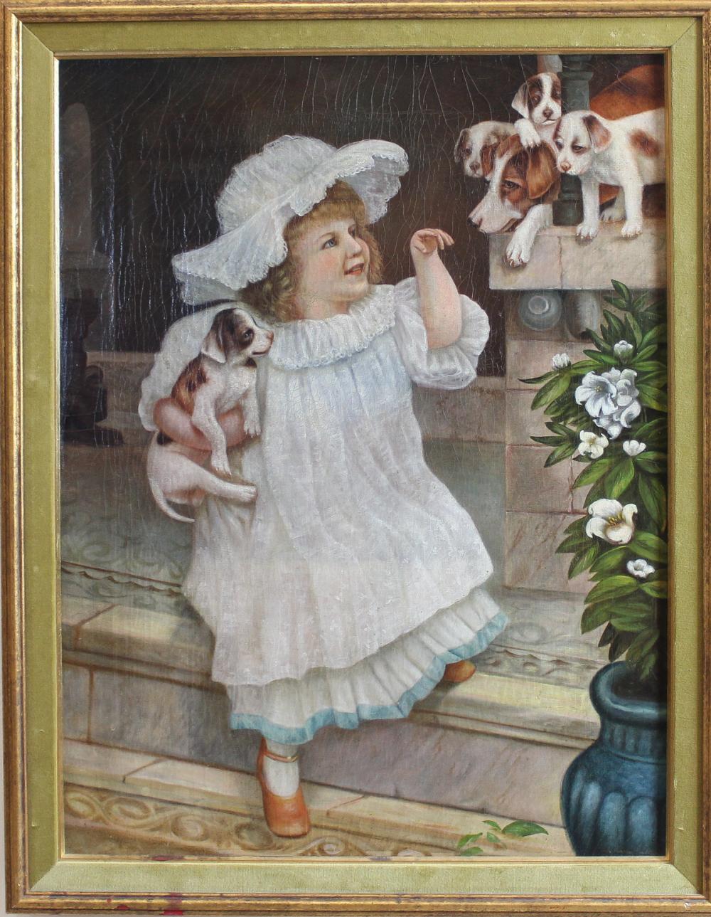 Appraisal: OIL ON CANVAS YOUNG GIRL WITH DOG AND PUPPIES unsigned