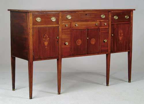 Appraisal: INLAID MAHOGANY CENTENNIAL HEPPLEWHITE STYLE SIDEBOARD Center section with long