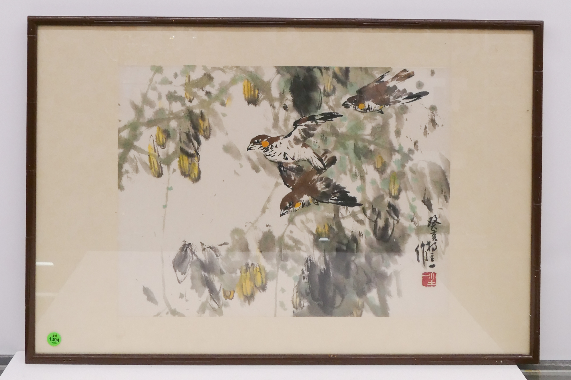 Appraisal: Zhuyi Yang Chinese Watercolor of Sparrows Framed- x ''