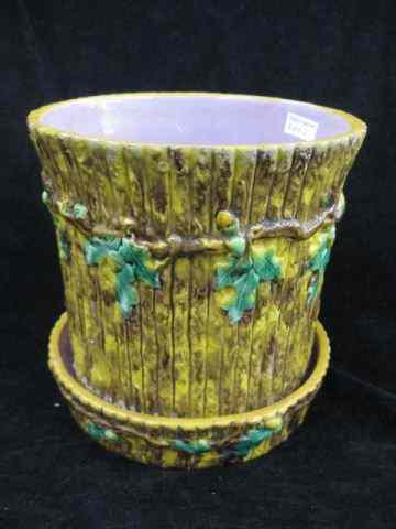 Appraisal: Majolica Pottery Planter Underplate acorn oak leaf on bark style