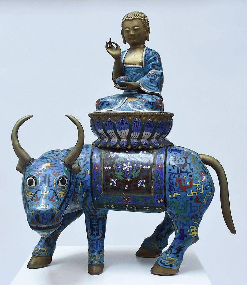 Appraisal: Large Chinese cloisonn seated Buddha on a bull Large Chinese