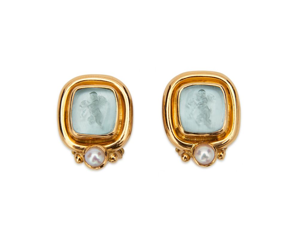 Appraisal: ELIZABETH LOCKE K Gold Glass Intaglio Mother-of-Pearl and Pearl Earclips