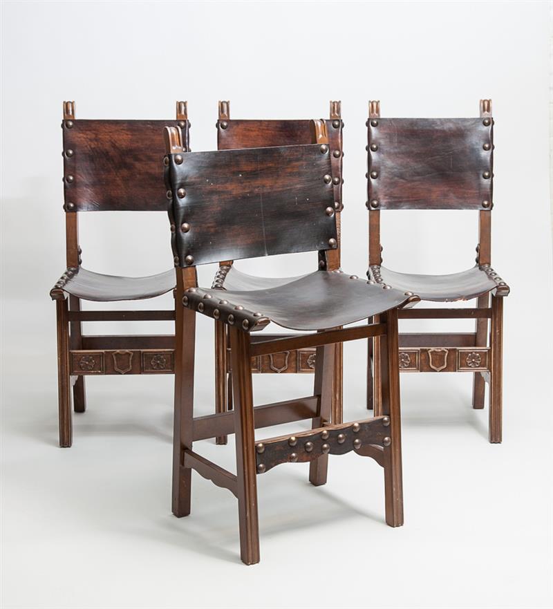 Appraisal: Four Spanish Baroque Style Stained Wood Leather Side Chairs th