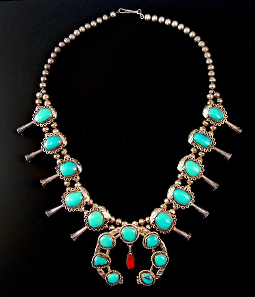 Appraisal: LARGE SQUASH BLOSSOM NECKLACE WITH TURQUOISE Squash blossom necklace with