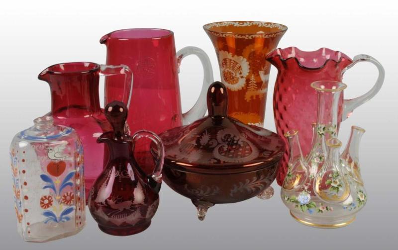 Appraisal: Lot of Cranberry Glass Hand-Painted Glass Description Includes six Cranberry