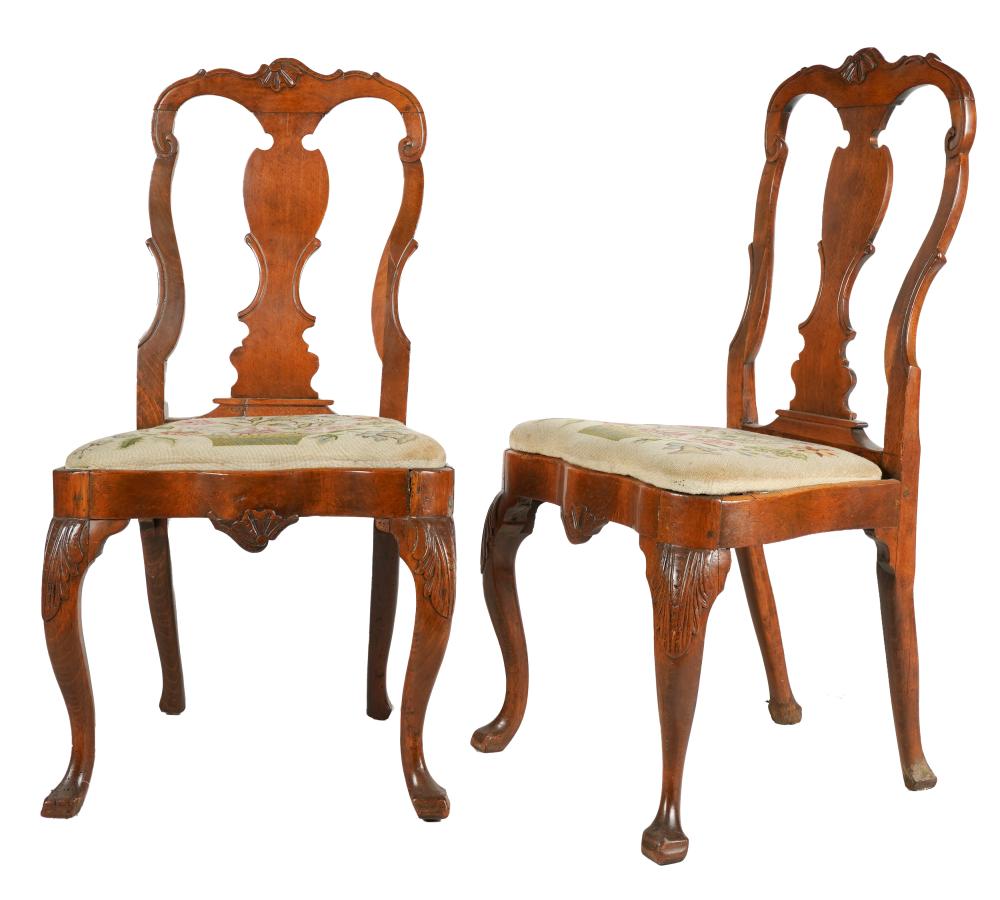 Appraisal: PAIR OF ANTIQUE QUEEN ANNE-STYLE ARMCHAIRSeach drop-in seat covered with