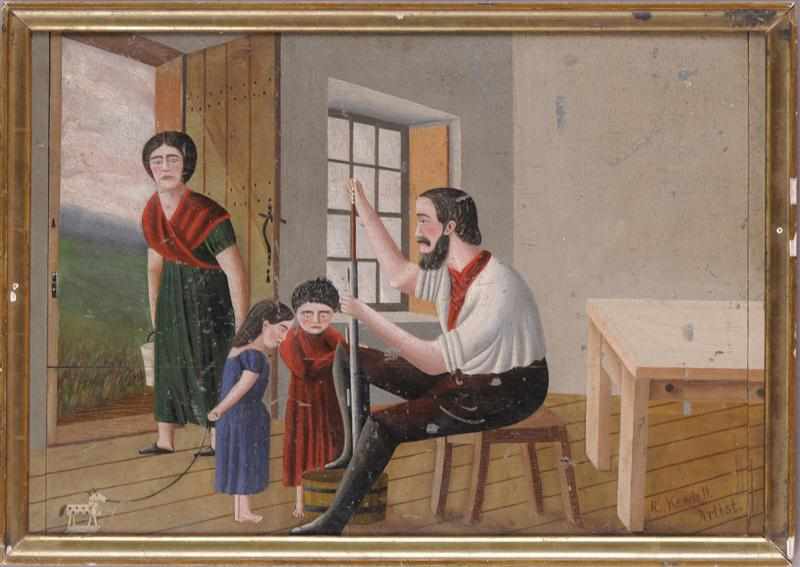 Appraisal: AMERICAN SCHOOL PIONEER FAMILY Oil on breadboard signed ''R Kendall