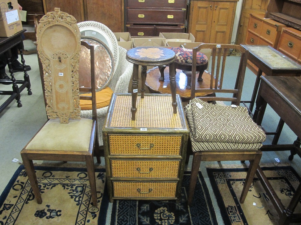 Appraisal: Pair of bedroom chairs wicker chair mirror bedside cabinet pokerwork