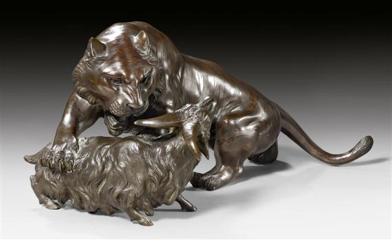 Appraisal: A DRAMATIC BRONZE GROUP OF A TIGER ATTACKING A GOAT