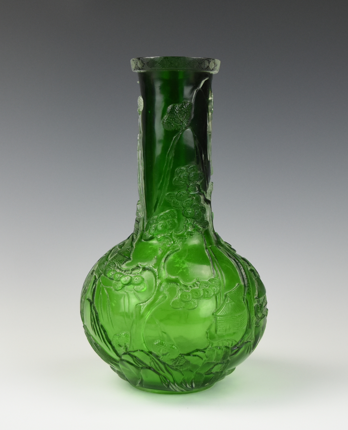 Appraisal: CHINESE GREEN GLASS VASE W LANDSCAPE QING D A Chinese