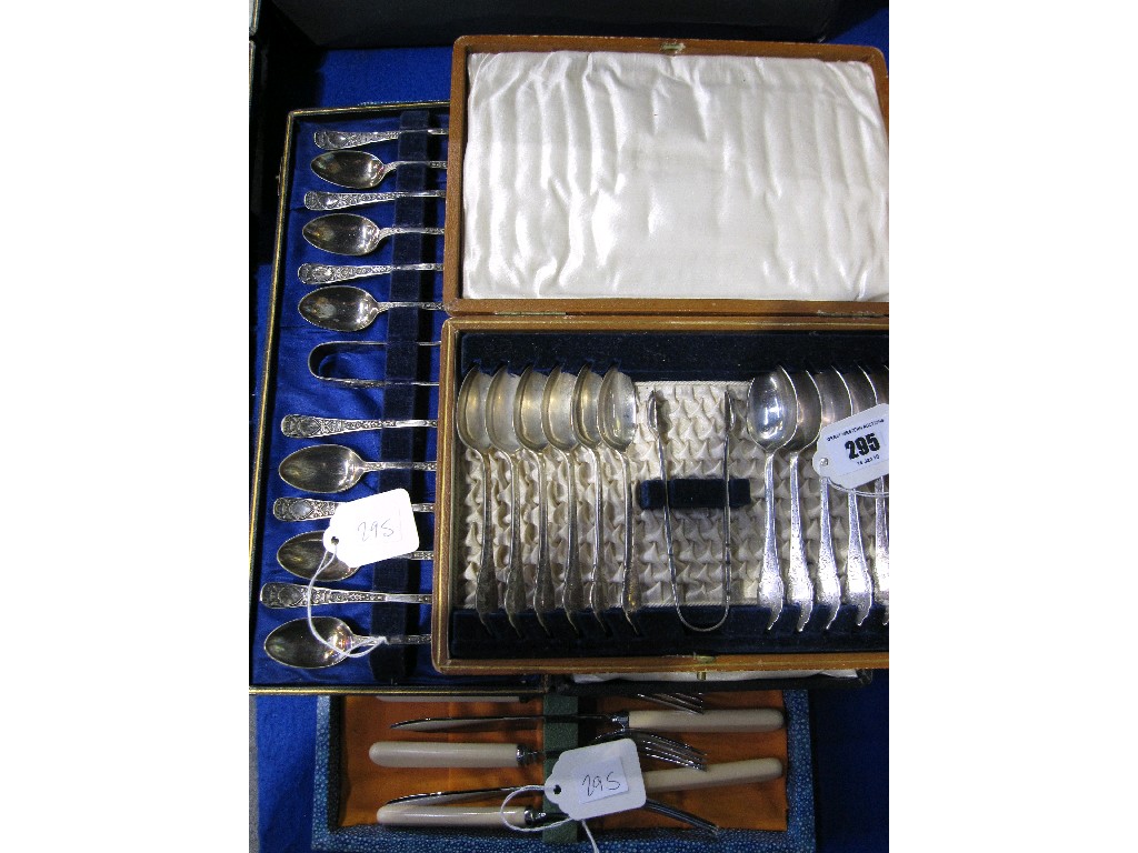 Appraisal: Lot comprising two spoon and tong sets and a fish