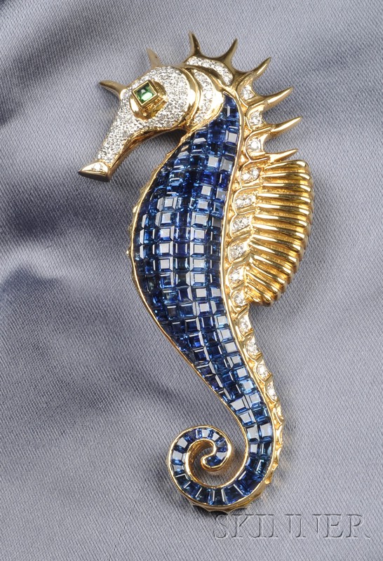 Appraisal: kt Gold and Gem-set Seahorse Clip Brooch rail-set with step-cut